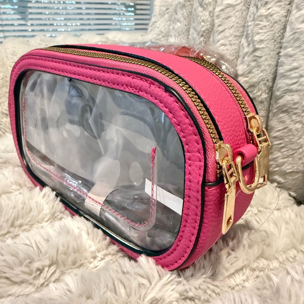 NWT Pink Double zip Oval Shaped Transparent Women Crossbody Bag